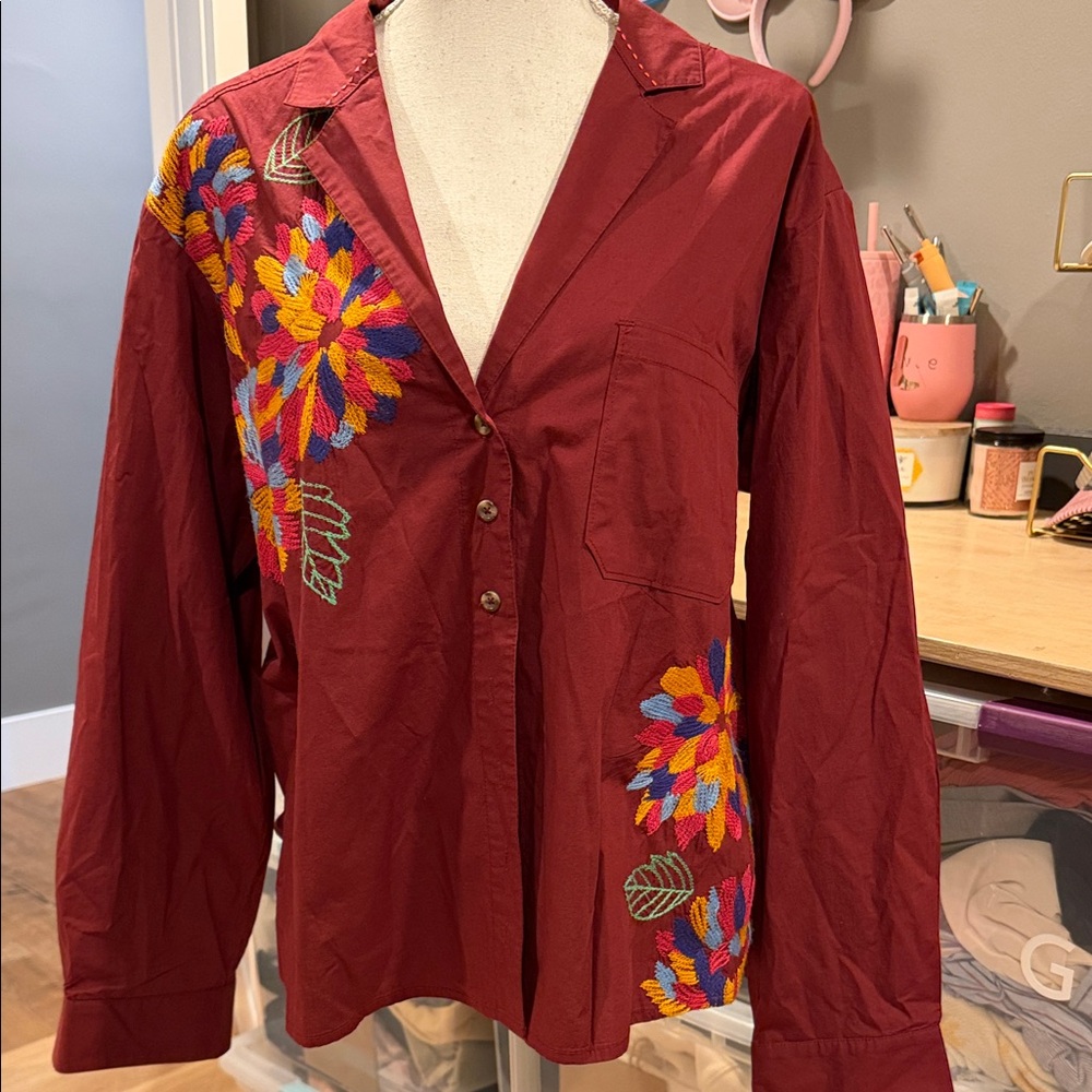 Anthropologie‎ Maeve Burgundy Floral Embroidered Blouse 14 - Picture 3 of 10